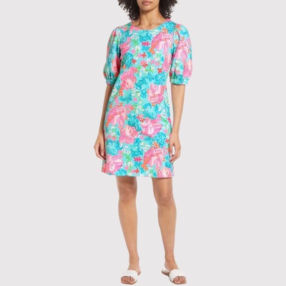 Lilly Pulitzer Dresses & Skirts - Lilly Pulitzer Dress Blue Cayce Mini Puff Sleeve Floral Luscious Lions Small